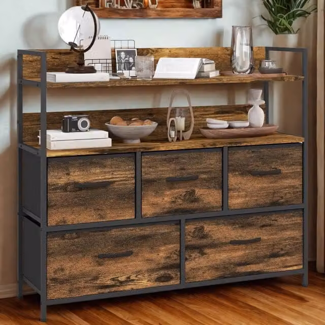 FURNOS Industrial 5 Drawer Chest Storage Unit with Shelves in Brown and Black – 1