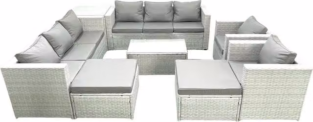 Fimous Outdoor Rattan Garden Furniture Set in Light Grey with 2 Armchairs, Oblong Coffee Table, 2 Footstools and Side Table