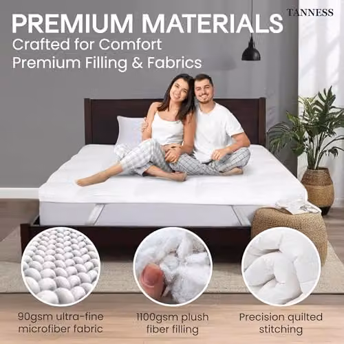 Tanness King Size Mattress Topper, 10 cm Thick, Soft Quilted Microfiber, Grey or White – 3