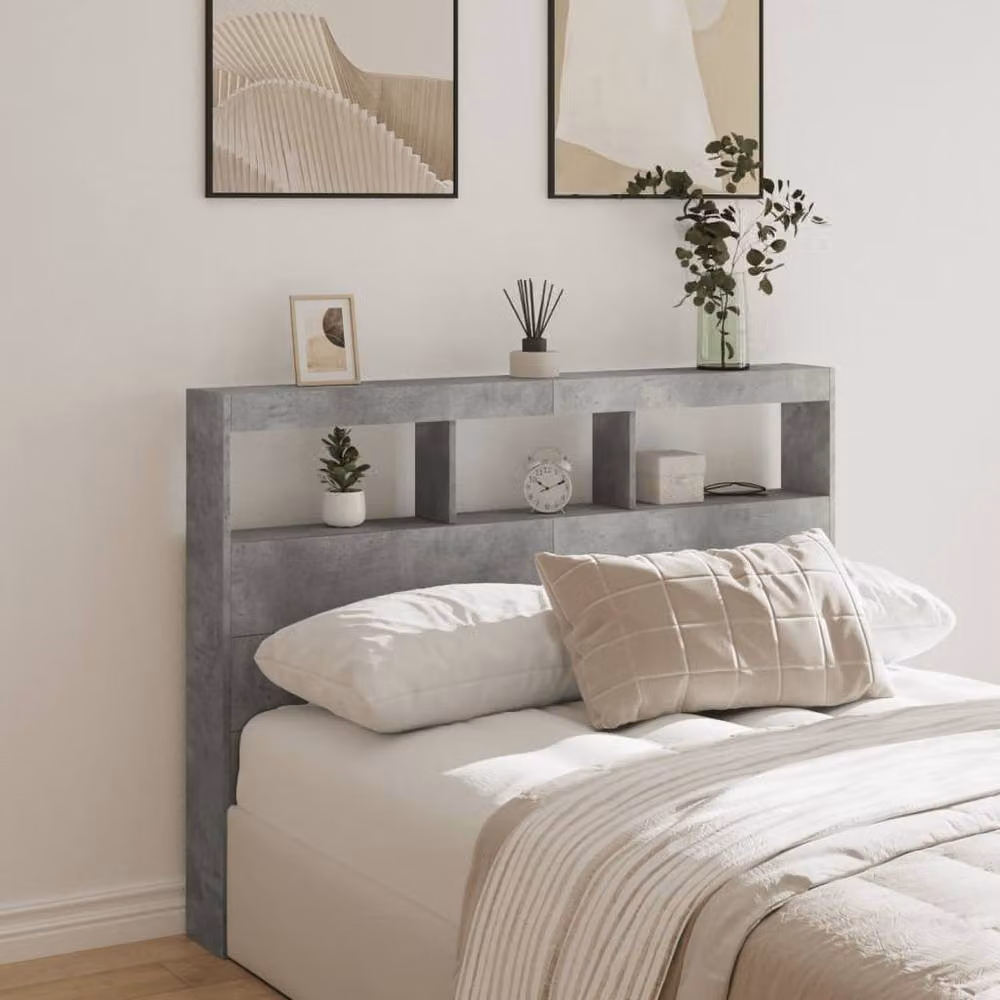 Berkfield Home Modern Wall Mount Headboard Cabinet with LED Lighting and USB Charging Port in Matt Concrete Grey, W/D/H: 140 x 17 x 102 cm – 2