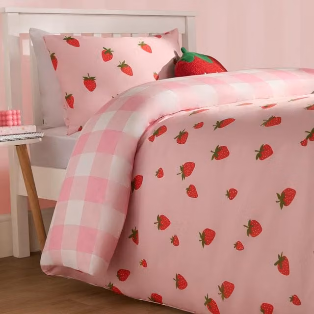 OHS Reversible Checked Pink Duvet Cover and Pillowcase Set, 140 x 200 cm