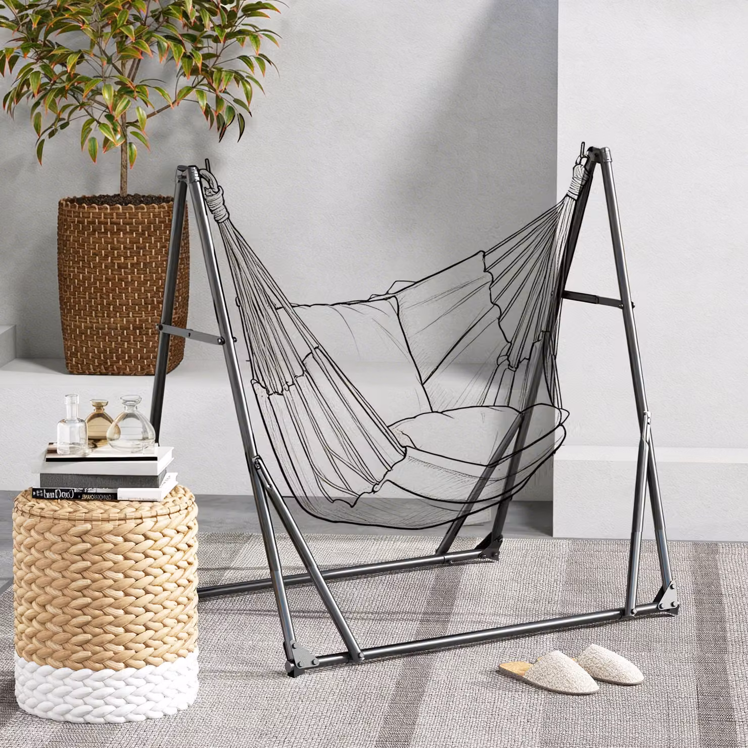 Outsunny Foldable 2-in-1 Hammock and Chair Stand with Black Metal Frame, 120kg Load Capacity – 2