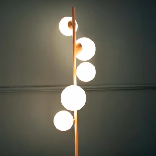 ValueLights Blush Pink 5 Way Metal Standing Floor Lamp with Glass Globe Lampshades and Warm White LED Bulb – 3