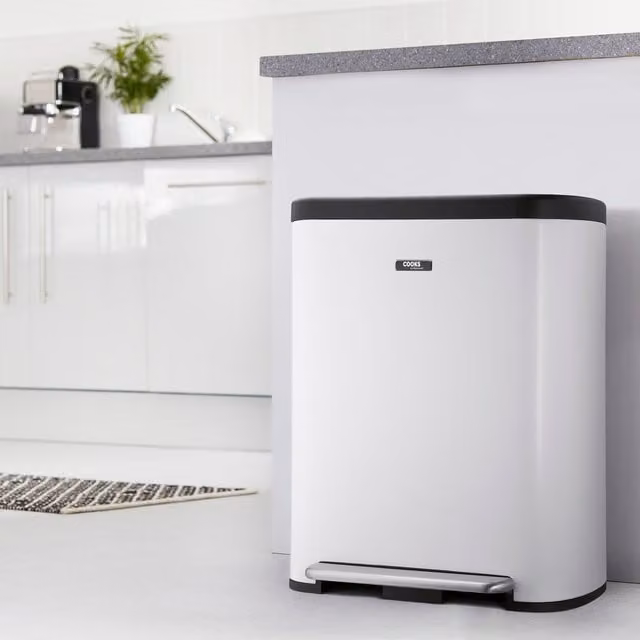 Cooks Professional 60L Dual Compartment Soft Close Recycle Pedal Bin in White with Stainless Steel Finish