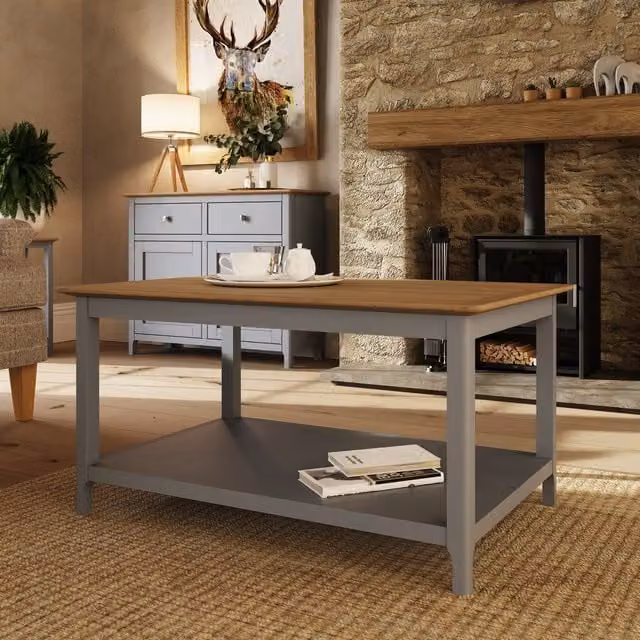 FWStyle Large Rectangular Coffee Table with Oak Veneer Top and Storage Shelf in Dove Grey, Width: 90 cm