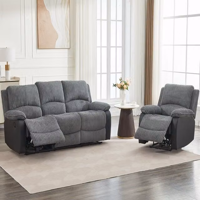 Furniture One Grey Corduroy Sectional Recliner Sofa Set