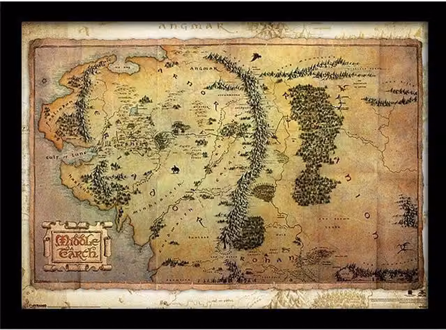 The Hobbit Journey Map Framed Vintage Paper Poster in Multicolour