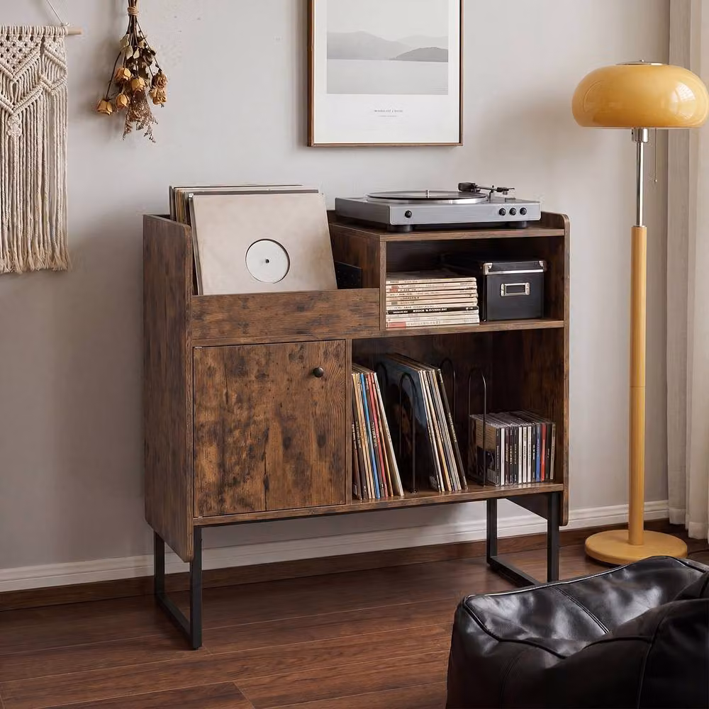 Costway Industrial Record Player Stand with Power Outlets and Media Compartments in Brown – 3