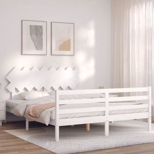 Berkfield Home White Solid Wood Bed Frame with Headboard W/D/H: 160 x 200 cm