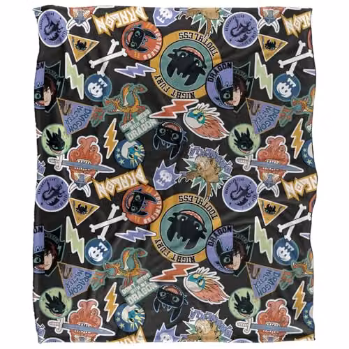 NBCU Toothless Dragon Badges Super Soft Fleece Throw Blanket, Multicolour, W: 152.0 cm, D: 127.0 cm – 5