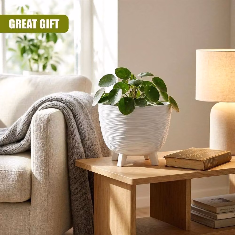 EONLION Modern Round Plant Pot with Legs in White, 23.6 cm – 4