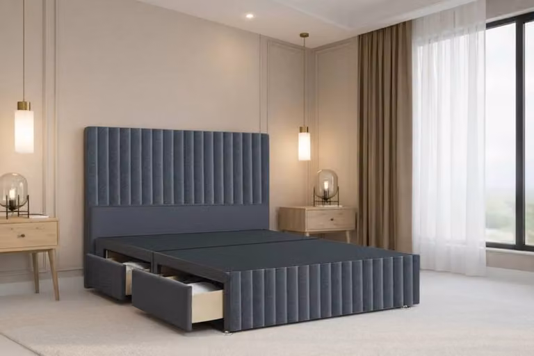 Chester & Oakley Ravello Plush Divan Bed with 4 Drawers, 12 inch Footboard and 54 inch Headboard, Grey Velvet Fabric, W/D/H: 140 x 200 cm