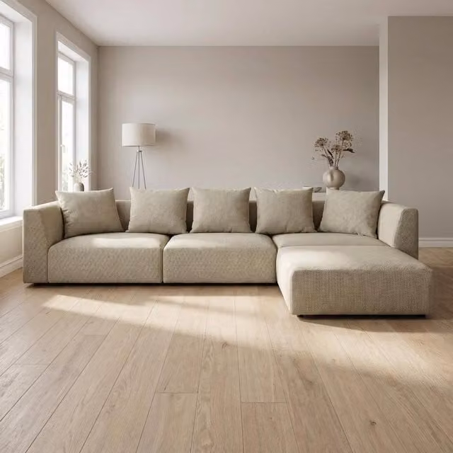 Abakus Direct Tokyo Large L-Shape Corner Sofa in Beige Basket Weave Fabric with Scatter Cushions – 1