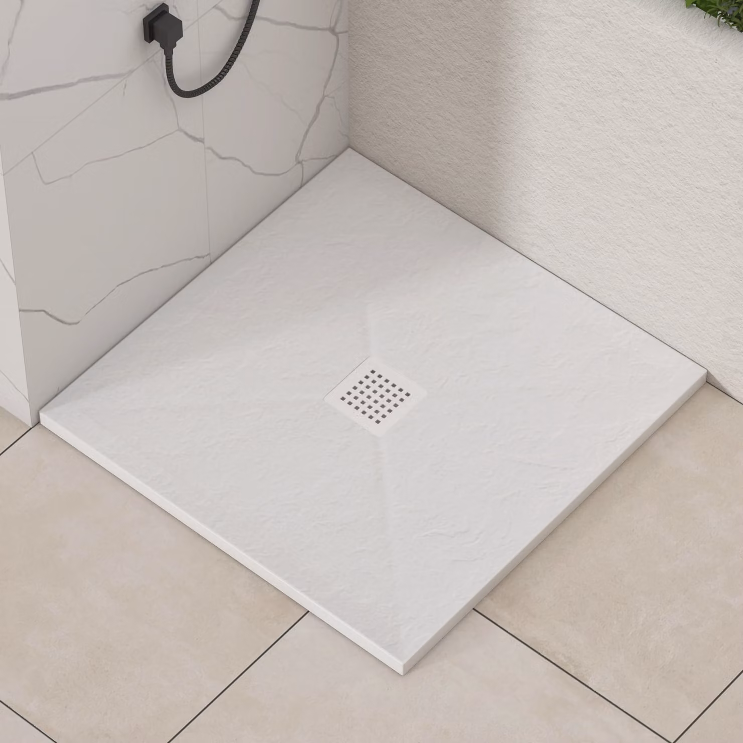 Luxor Square White Slate Effect Stone Shower Tray with Mega Flow Waste and White Grate, W/D/H: 80 x 80 x 3 cm