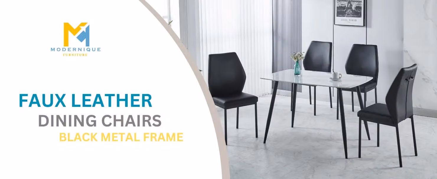 Modernique Set of 4 Modern Dining Chairs in Black Synthetic Leather with Metal Frame – 4