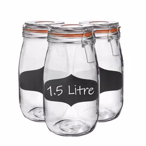Argon Tableware Set of 3 Transparent Glass Storage Jars with Airtight Metal Clip Lids and Labels, 1.5 l