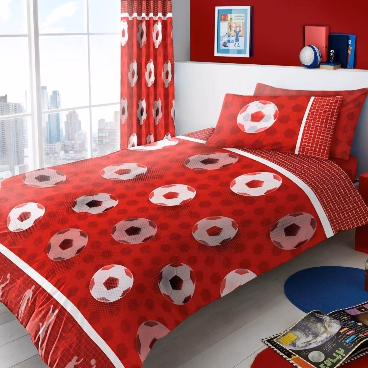 Smart Living Kids Red Football Goals Polycotton Reversible Double Fitted Sheet Set – 2
