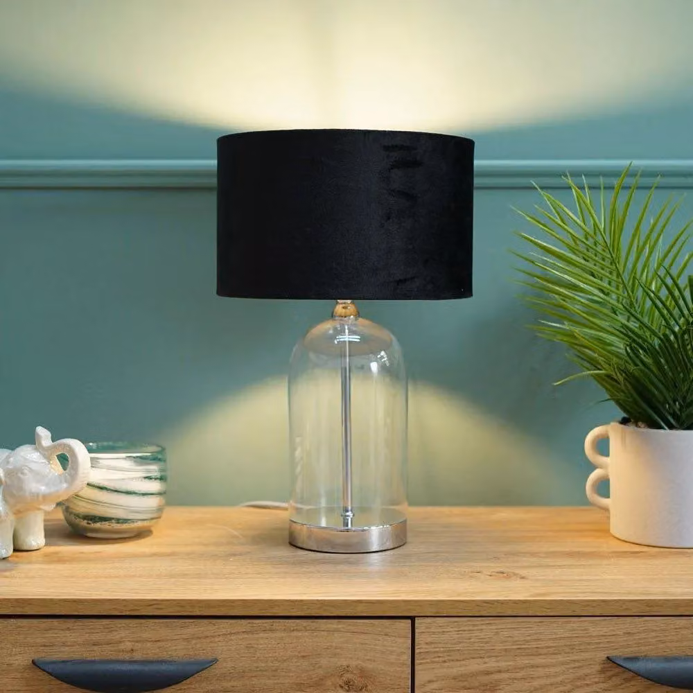 ValueLights Jessy Chrome and Glass Table Lamp with Black Fabric Shade in Silver – 3
