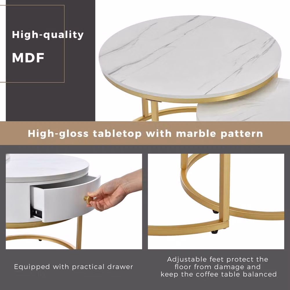 STILVORA Set of 2 White Nesting Coffee Tables with Drawer and Shelves – 5