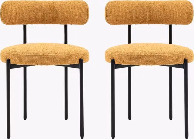 Perch & Parrow Set of 2 Modern Yellow Bouclé Upholstered Dining Chairs with Wood Frame
