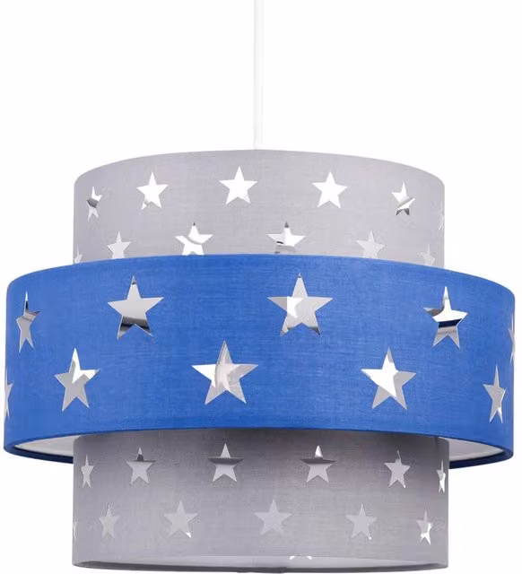 First Choice Lighting Navy Blue and Grey Star Two Tier Fabric Cylinder Lamp Shade – 1