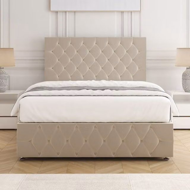 BSSPOKE Mulberry Divan Bed with 24 inch Plush Headboard and Footboard in Cream Velvet, King Size W/D/H: 180 x 200 cm