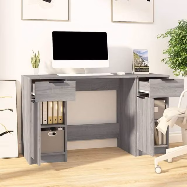 Berkfield Home Modern Grey Sonoma Desk with Side Cabinet in Engineered Wood W/D/H: 100 x 50 x 75 cm