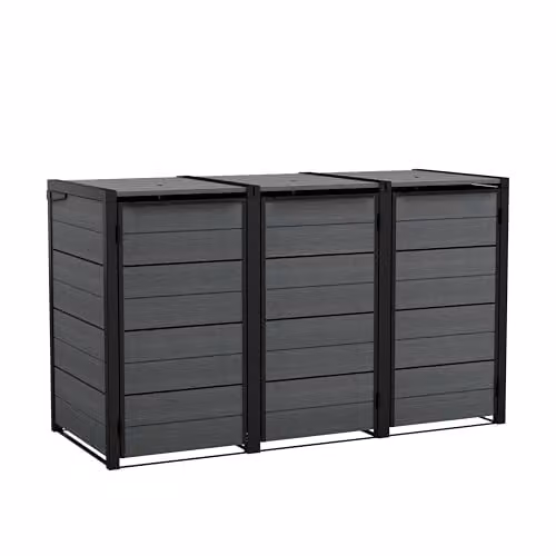 Keter Hideaway 3-Bin Outdoor Storage Unit in Grey Wood-Effect with Steel and Aluminium Frame – 1