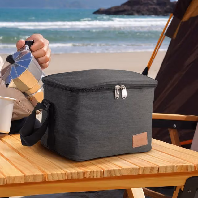 Livingandhome Waterproof Insulated Fabric Lunch Bag in Black and Grey, Width: 24 cm