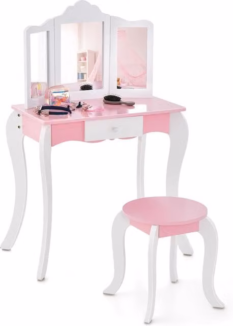Costway Kids Vanity Table and Stool Set with Tri-Fold Mirror in White