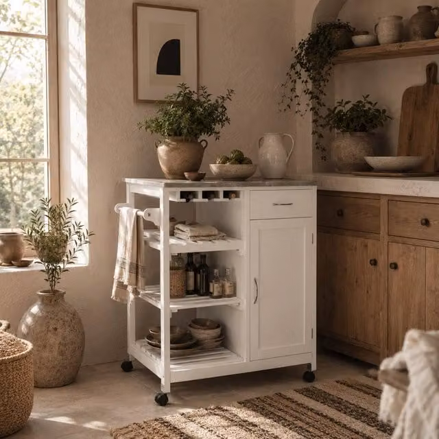 Wyld Haus Sohavi White Compact Kitchen Trolley with Marble Effect Top and Drawer, H 88 cm x W 48 cm x D 76 cm