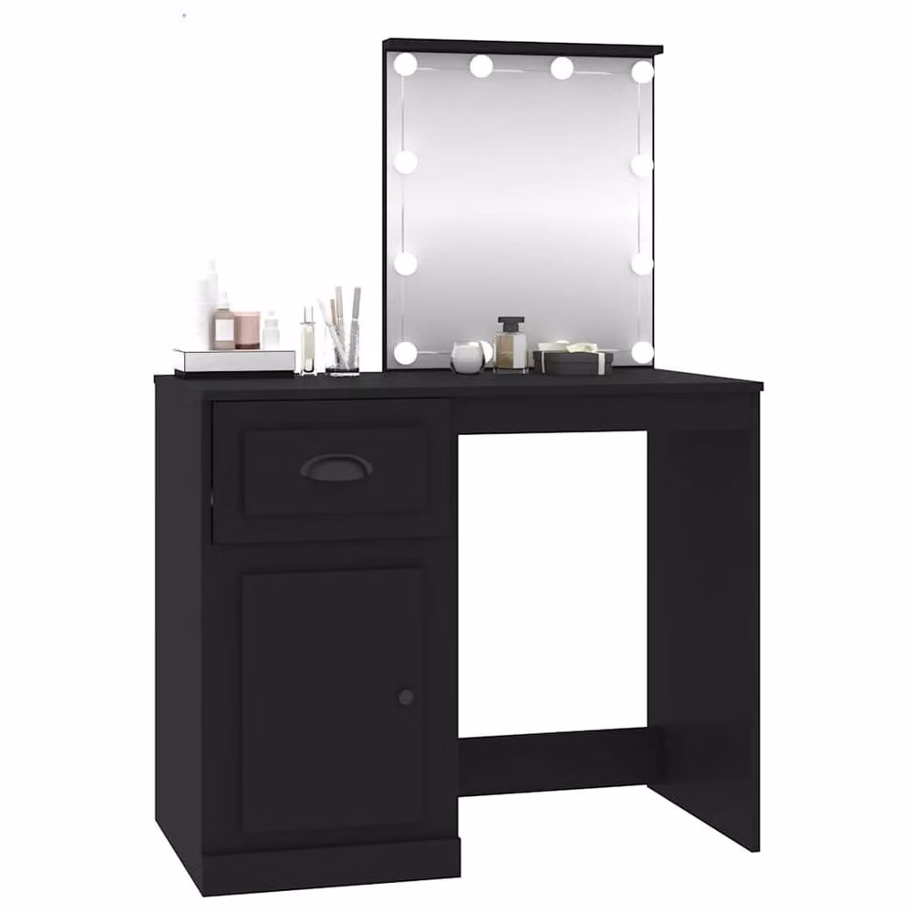 Berkfield Home White and Black Modern Dressing Table with Hollywood LED Mirror, W/D/H: 90 x 50 x 132.5 cm