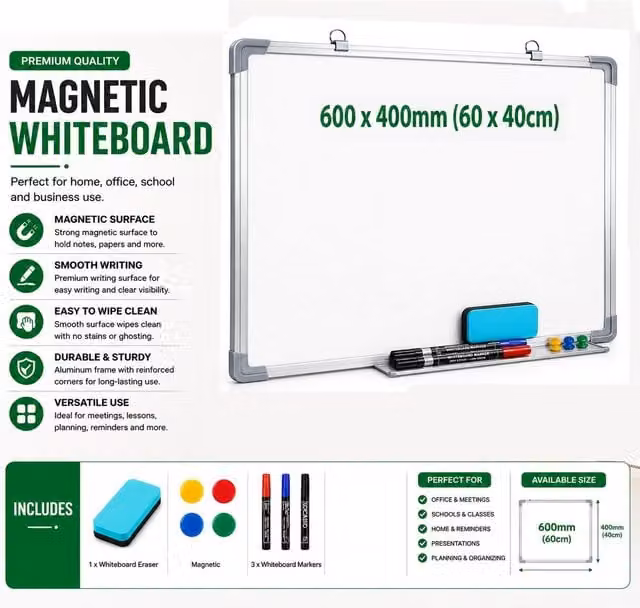 Atek Magnetic Whiteboard in White and Silver with Aluminium Frame, W: 60 cm, H: 60 cm
