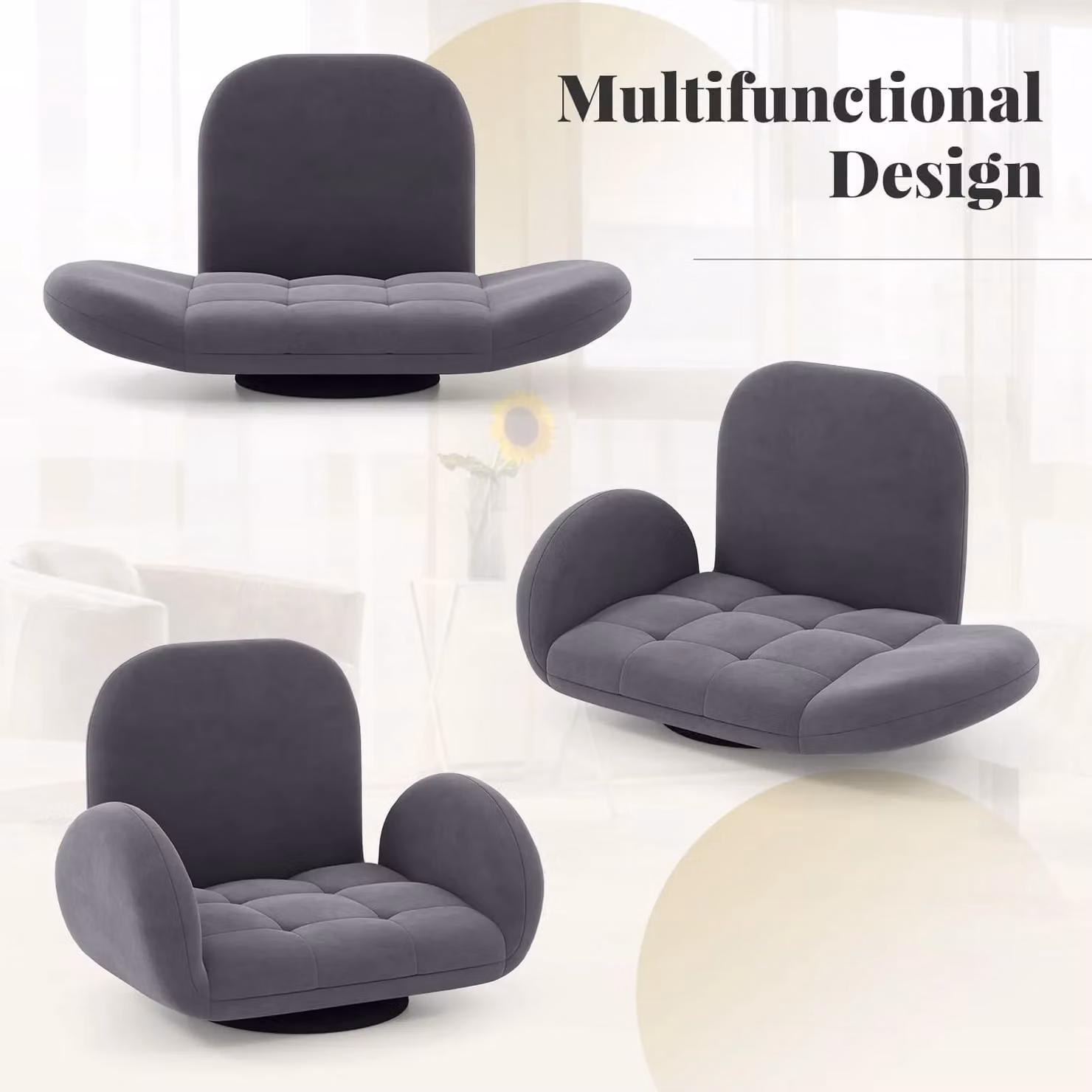 Gymax Grey Swivel Floor Sofa Chair, Adjustable Folding Gaming Recliner with Armrests – 6