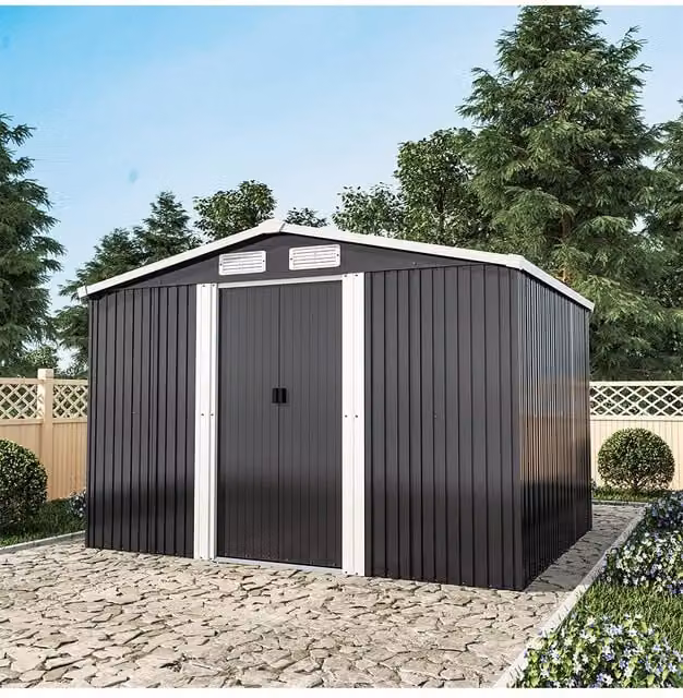 Living and Home Waterproof Metal Garden Tool Storage Shed with Floor, Black, W: 182.88 cm, D: 243.84 cm, H: 178.0 cm – 1