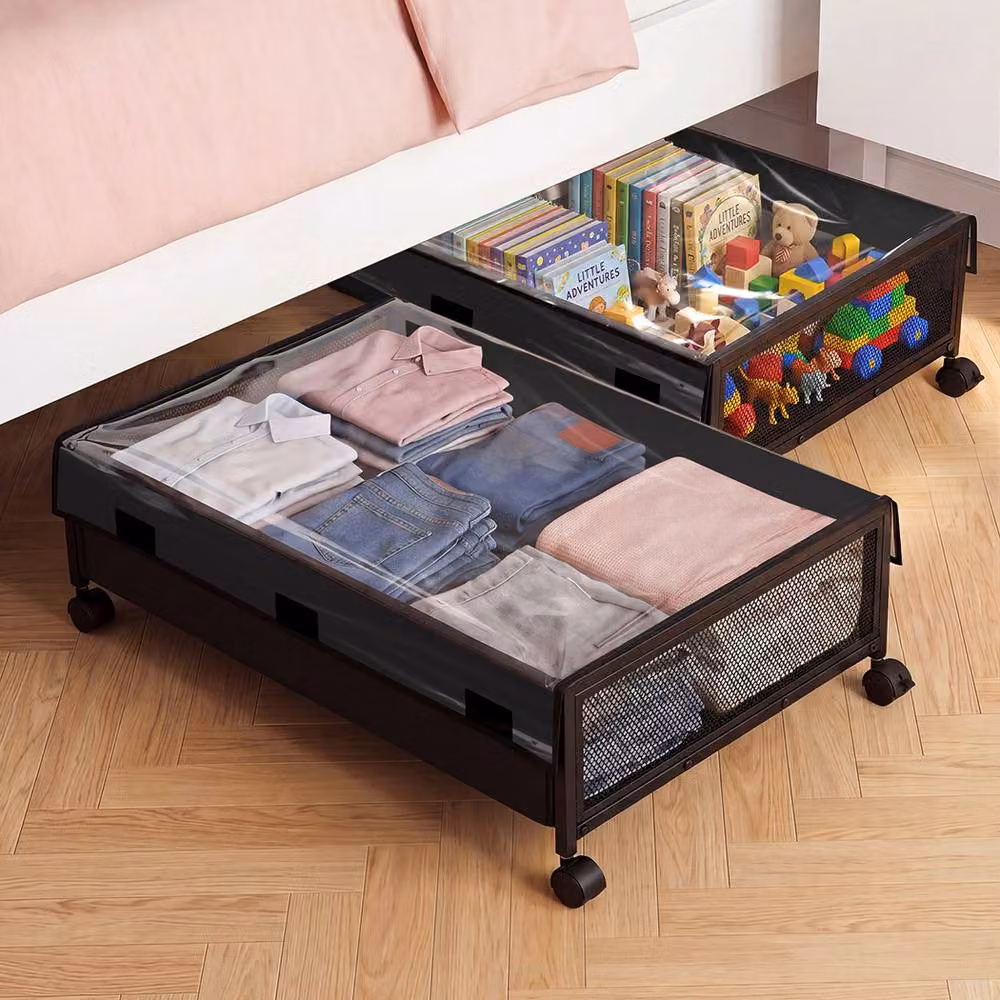 Levede Under Bed Storage Box with Lid, 48L Black Metal Frame and Fabric Design on Wheels – 3
