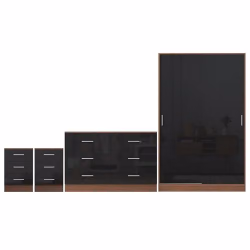 Reflect Modern Bedroom Furniture Set in Black Gloss and Walnut Finish featuring 2 Door Sliding Wardrobe, 6 Drawer Wide Chest and 2x 3 Drawer Bedside Tables – 3