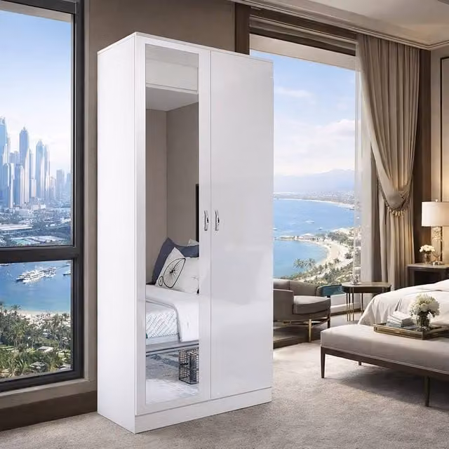 Harmin Mirrorred 2 Door Soft Close Wardrobe in White, H 180 x W 76 x D 47 cm – 1