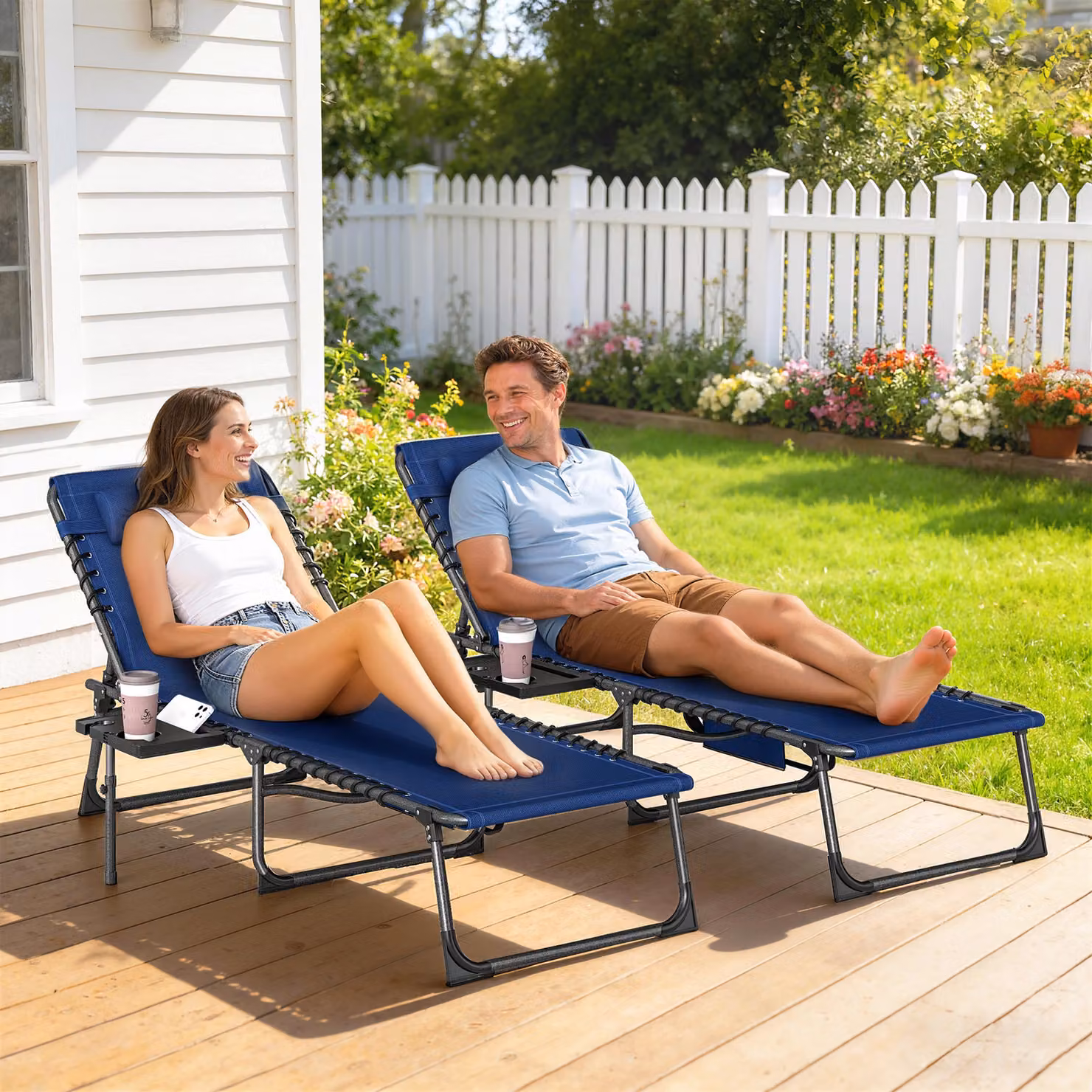 Outsunny Set of 2 Five-Position Reclining Sun Loungers in Blue – 2