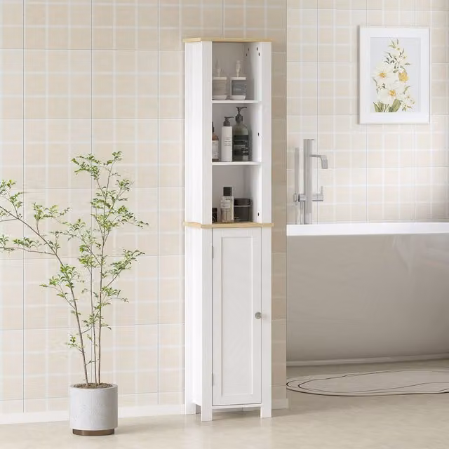 Kleankin Slim Bathroom Storage Unit with Open Compartment and Hinged Doors, White and Grey