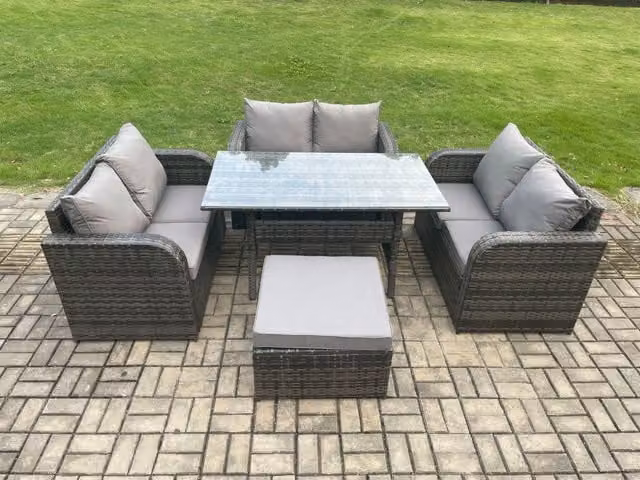 Fimous Dark Grey PE Rattan Garden Furniture Set with Rectangular Dining Table and Large Footstool
