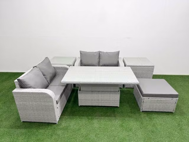 Fimous 5 Seater Rattan Garden Furniture Set in Light Grey with Adjustable Dining Table, Ottoman and Side Tables