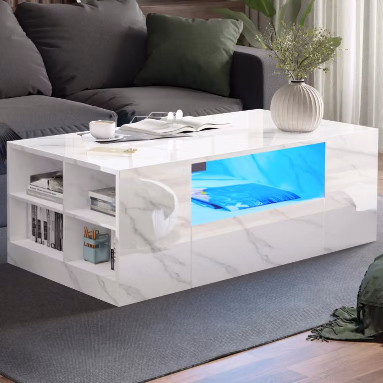 DHS Modern High Gloss White Marble Coffee Table with LED Lights and Storage Drawers W/D/H: 95 x 55 x 37 cm