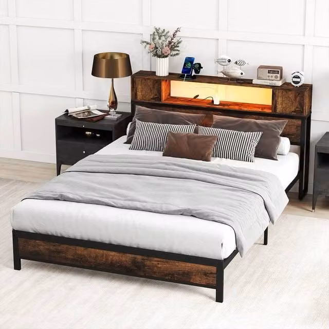 Kelvenix Double Bed Frame in Brown with Under-Bed Lighting, USB Charging Ports and Side Compartments, W: 140 cm, L: 200 cm