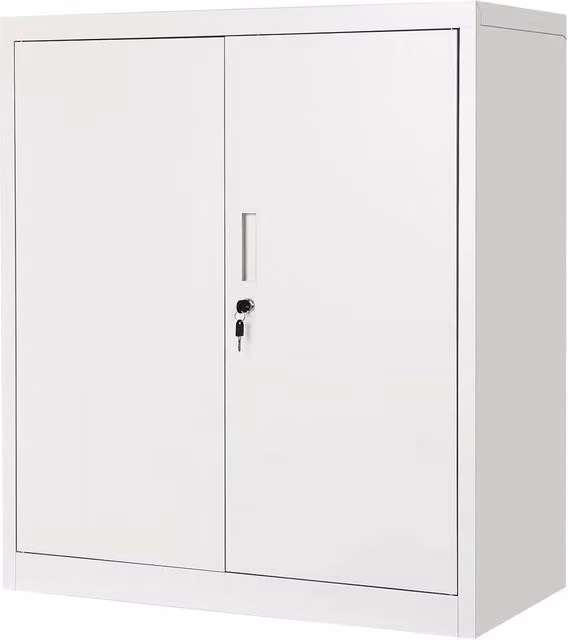 KORVIXA Metal Freestanding Storage Cabinet with 2 Locking Hinged Doors and Internal Shelves, White, W/D/H: 100 x 100 x 100 cm
