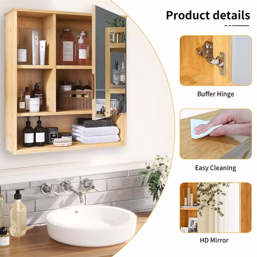 PAWNORA Bamboo Bathroom Mirror Cabinet in Brown with Hinged Doors and Internal Shelves – 3