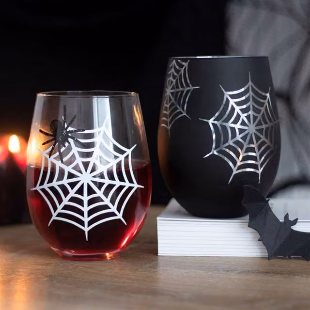 Uniqueful Set of 2 Spider and Web Stemless Wine Glasses, 550ml, Transparent with Black and Silver Details