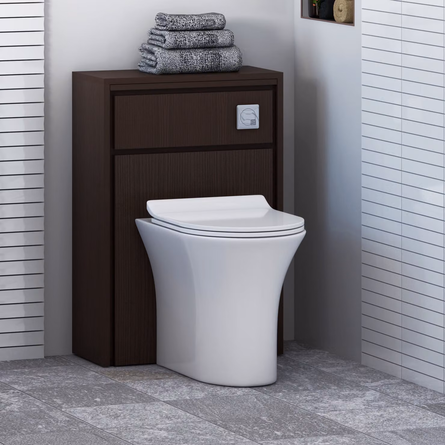 Livora BTW Wall Mounted WC Unit in Walnut Woodgrain with Breeze Rimless Ceramic Toilet Pan, Slim Soft Close Seat and Cistern, White and Brown