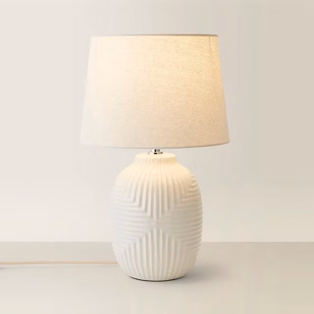 Harrison Medium Geo Ribbed Gloss Ceramic Table Lamp with Tapered Shade in White