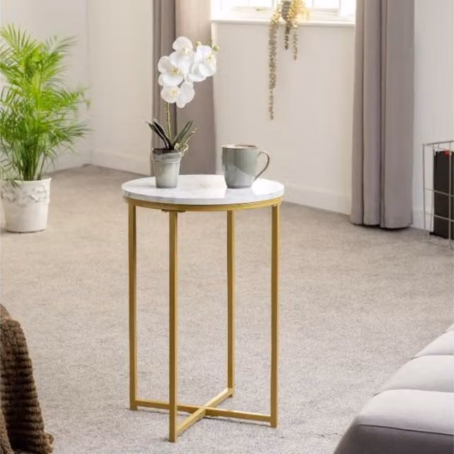 Seconique Dallas Round Marble Effect Side Table in White and Gold